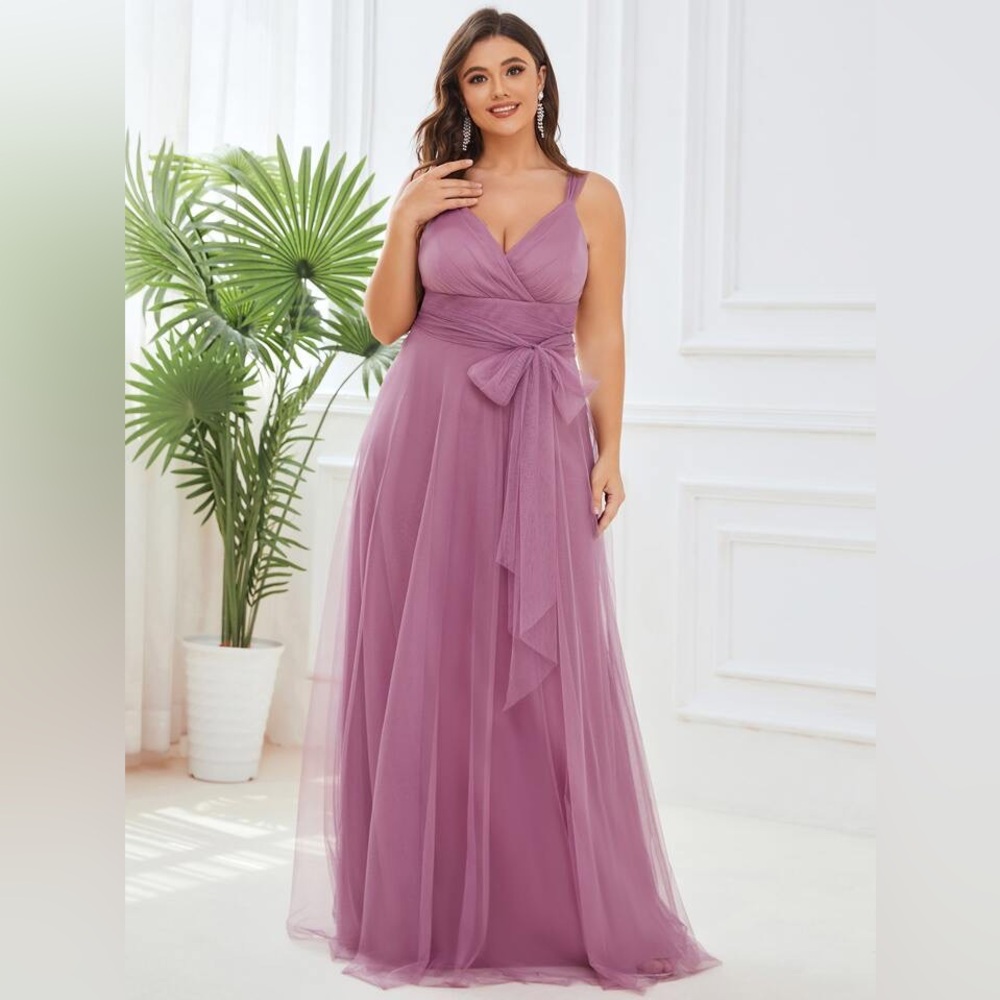 EVER-PRETTY Plus Surplice Neck Low Back Belted Mesh Dress 5X/ 22